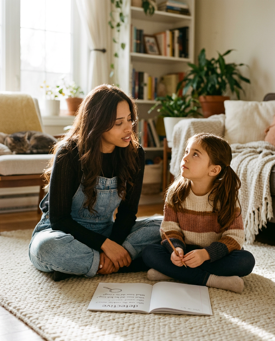 Elodie Da Silva avec un enfant, écrivant dans un cahier
